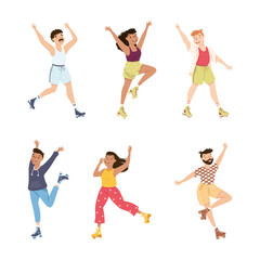 Poster - Excited Man and Woman Character Dancing on Roller Skates Vector Illustration Set