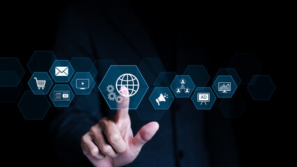 Wall Mural - businessman touching icons of digital marketing internet advertising and sales increase. business te