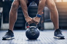 Exercise, Floor And Kettlebell With A Bodybuilder Man In The Gym For A Weightlifting Workout Routine. Fitness, Hands And Strong With A Male Athlete Holding A Weight In A Sports Club While Training