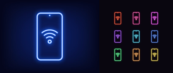 Poster - outline neon phone icon set. glowing neon smartphone screen frame with wifi sign, mobile internet pi