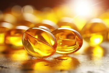 Macro shot of Wild fish oil supplements, Omega 3 fatty acid heart health supplements, Generative AI