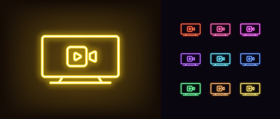 Poster - Outline neon television icon set. Glowing neon TV screen with video camera sign, television content. Movie channel, TV series, live show, cinema series, video interview, news broadcast