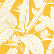 Seamless floral pattern with strelitzia or bird of paradise flowers on yellow background. Summer vector background.