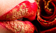 © Yevhen - Sensual lips. Woman with rose flower. Closeup sexy female lips with red lipstick. Close-up of female lips with red rose. Closeup sexy female lips with red color lipstick. Women's lips and red flower