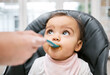 © Kay Abrahams/peopleimages.com - Adorable, sweet and cute baby eating puree for lunch, dinner or snack in her high chair at home. Child development, food and girl infant kid enjoying meal with spoon for growth and wellness in house.