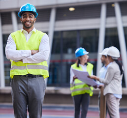 Wall Mural - Architect, civil engineering and portrait of happy man with arms crossed for industrial design, construction site and team. Male contractor, infrastructure and project management of property building