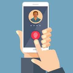 Poster - Chiamata in uscita. Smartphone bianco con schermata di chiamata. In attesa del concetto di risposta. Mano umana che tiene il cellulare, schermo che tocca le dita. impronta digitale