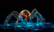 Cyberspider on digital glowing web background. Purple 3d techno insect with yellow force field creates glowing generative AI network to protect and hack system