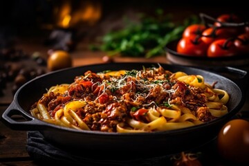 Pasta Bolognese in the skillet at the black table. Traditional Italian food generative AI