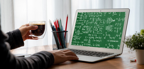 Wall Mural - Mathematic equations and modish formula on computer screen showing concept of science and education