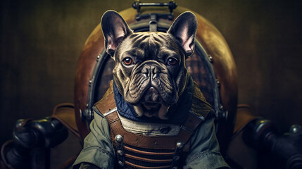 Generative AI. A gentleman French Bulldog, wearing a steampunk suit with a war helmet is sitting in the war hammer