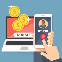 Poster - Laptop con monete d'oro e pulsante fai una donazione sullo schermo. Fai una donazione. Concetti di beneficenza, raccolta fondi, donazione, fondi. Vista frontale. mobile cellulare impronta digitale