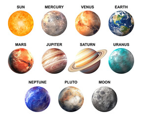 Wall Mural - Solar System Planets with Labels Isolated on Transparent Background - Generative AI
