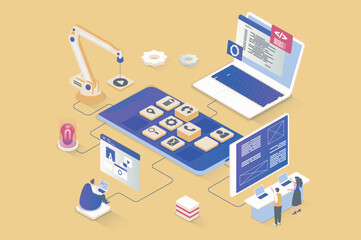 Poster - App development concept in 3d isometric design. UI UX layout developing, programming application interfaces, coding mobile software. Vector illustration with isometry people scene for web graphic