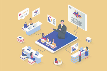 Aufkleber - Business training concept in 3d isometric design. Colleagues listen to webinar of success coach, improve and develop professional skills. Vector illustration with isometry people scene for web graphic