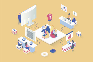 Aufkleber - Coworking concept in 3d isometric design. Colleagues or freelancers work on laptop in open space office, team collaborate at workplace. Vector illustration with isometry people scene for web graphic