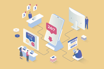 Poster - Customer support concept in 3d isometric design. Call center operators answering calls and consulting clients in chat of solve problems. Vector illustration with isometry people scene for web graphic