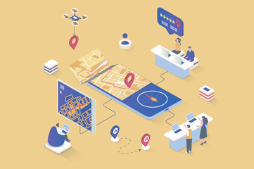 Fototapete - GPS navigation concept in 3d isometric design. Map navigation system with pointer, road traffic and online tracking in mobile app screen. Vector illustration with isometry people scene for web graphic