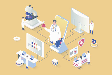 Medicine concept in 3d isometric design. Doctor consults patients online, medical laboratory does tests, pharmacy sells medicines. Vector illustration with isometry people scene for web graphic