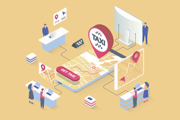 Poster - Taxi service concept in 3d isometric design. Online ordering car, map navigation with online tracking in mobile application screen. Vector illustration with isometry people scene for web graphic