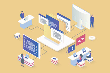 Fototapete - Web development concept in 3d isometric design. Designers prototyping and coding, working on ui ux for mobile apps and pages layouts. Vector illustration with isometry people scene for web graphic