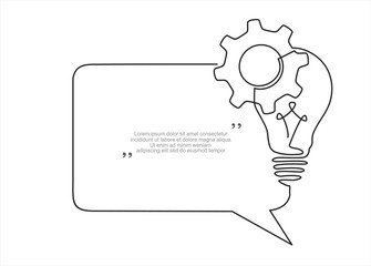 Poster - Quick tips.Continuous one line drawing of Lightbulb with cogwheel and speech bubble. Trendy line art vector on a white background. Vector illustration.