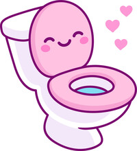 Kawaii Pink Toilet Bowl Drawing With Funny Smiling Face. Simple And Cute Cartoon Illustration.