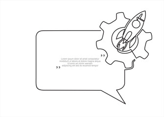Poster - Quick tips.Continuous one line drawing of  Rocket inside gear and speech bubble. Trendy line art vector on a white background. Vector illustration.