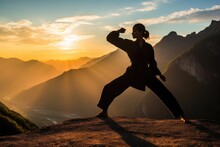 Woman Practicing Martial Arts On The Top Of A Mountain. Generative AI