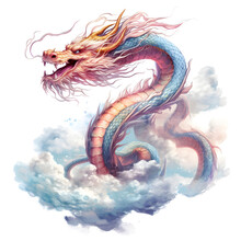 Dragon In The Clouds. Watercolour Illustration Isolated On White Background. AI Generative