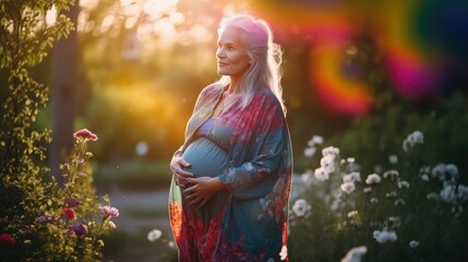 Happy smiling pregnant old woman walking in green park, geriatric pregnancy concept, joyful old woman waiting birth of baby, elderly mother with pregnant belly, advanced maternal age, generative AI