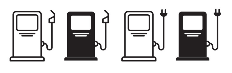 Gas pump icon set. Petrol, gasoline, and diesel fuel station pictogram. Refuel station line symbol. electric car or bike charging station sign.