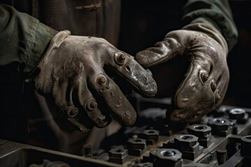 Poster - closeup of the hands of a welder working in a factory,a closeup view of factory laborer hands in act