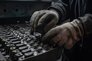 Poster - closeup of the hands of a welder working on a lathe. a closeup view of factory laborer hands in acti