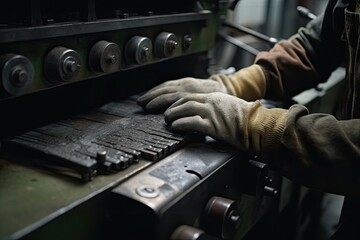 Poster - worker working on lathe machine in factory, closeup. a closeup view of factory laborer hands in acti
