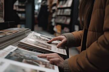 Poster - close-up of a young woman reading a magazine in a bookstore, a closeup of a female customers hands e