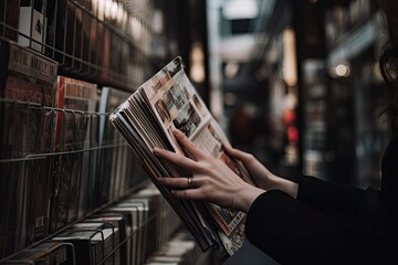 Poster - woman reading a magazine in a library. female hands holding a magazine. a closeup of a female custom