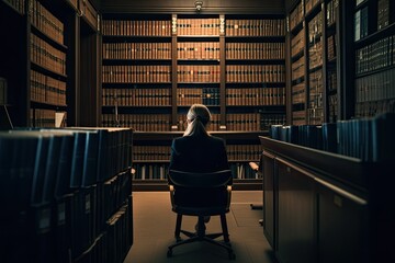 Poster - Young woman sitting in a library and looking at the bookshelf, A female lawyer sitting confidently immersed in legal work, AI Generated
