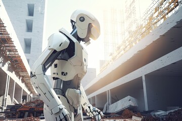 Sticker - 3d rendering humanoid robot working in the construction site with building background, A Futuristic robot architect working on a construct, AI Generated