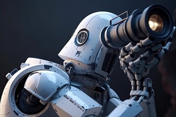 Poster - 3d rendering robot or cyborg with telescope on dark blue background, a futuristic robot astronomer w