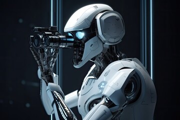 Poster - 3d rendering robot or cyborg working in virtual space, artificial intelligence concept, a futuristic
