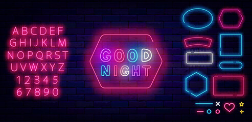 Wall Mural - Good night neon sign. Geometric frames collection. Glowing invitation on brick wall. Vector stock illustration