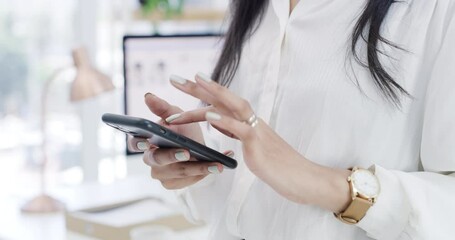 Poster - Business woman, hands and phone chatting for communication or online research at the office. Hand of female employee typing on mobile smartphone app for browsing, texting or networking at workplace