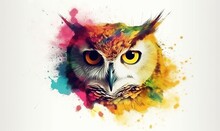  An Owl With Yellow Eyes Is Painted In Watercolor On A White Background With A Splash Of Paint On It's Face And The Upper Half Of Its Head.  Generative Ai