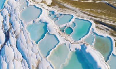  an aerial view of a body of water with blue and green water and land in the background and a mountain range in the distance with snow on the ground.  generative ai