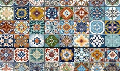 Poster -  a bunch of different colored tiles that are on a wall or floor in different colors and shapes, all of which have different designs and shapes.  generative ai