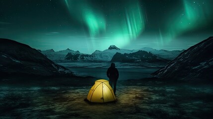 camping under sky with aurora shining