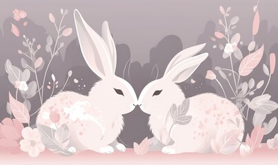 Poster -  a couple of white rabbits sitting next to each other on a field of flowers and leaves with pink and purple colors on the background of the image.  generative ai