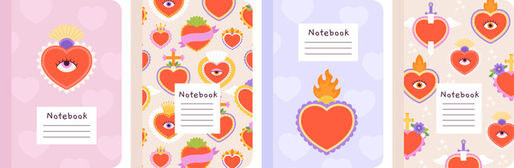 Poster - Notebooks cover design, mexican hearts sacred elements. Red heart with wings, fire and flowers. Decorative racy graphic templates vector set