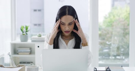 Poster - Business woman, laptop and headache in stress, mental health or burnout from overworked strain at office. Tired, stressed and exhausted female employee with bad head pain in anxiety at the workplace